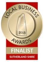 Gold medal for Local Business Awards finalist 2015, Priority Plus Plumbing, Sutherland Shire, red background.