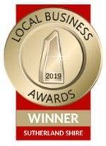 Local Business Awards badge with trophy design, recognizing Priority Plus Plumbing's 2019 achievement in Sutherland Shire.