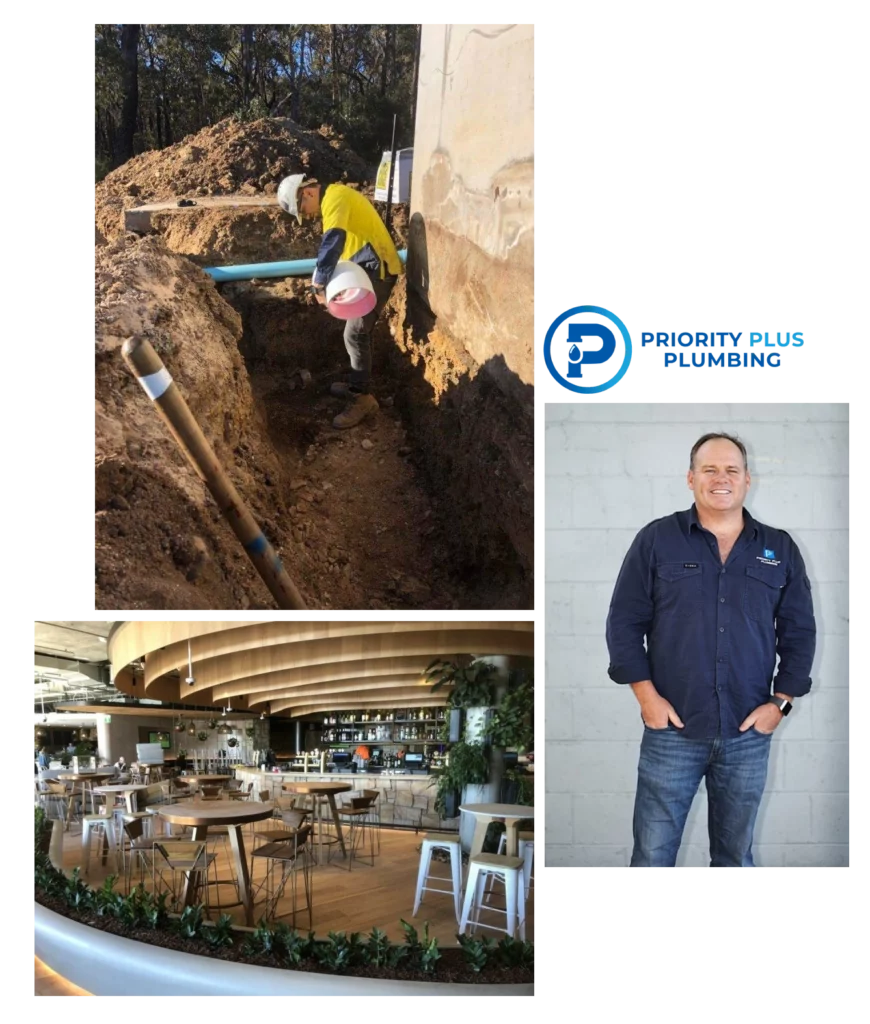 A plumbing man working and a standing man smiling