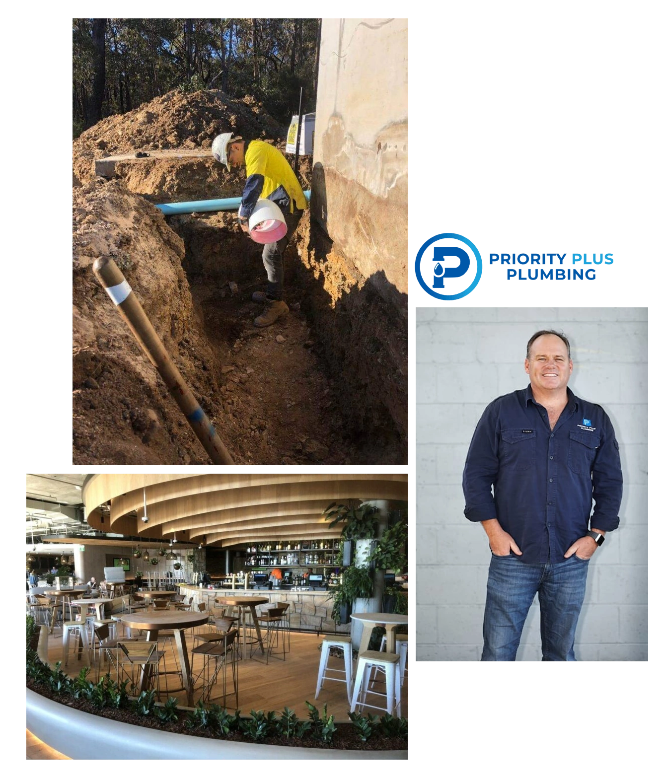 A plumbing man working and a standing man smiling