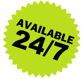 Priority Plus Plumbing emergency services availability sign with bold text on bright green background.