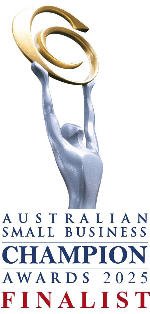 Trophy showing "AUSTRALIAN SMALL BUSINESS CHAMPION AWARDS 2025 FINALIST," celebrating Priority Plus Plumbing's achievements.