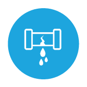 Broken pipe icon on blue background with crack and water droplets, illustrating plumbing issues by Priority Plus Plumbing.