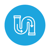 Curved pipes with arrows on a blue background, representing fluid transport for Priority Plus Plumbing services.