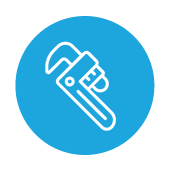 Pipe wrench icon on blue circular background, representing Emergency Plumbing services by Priority Plus Plumbing.