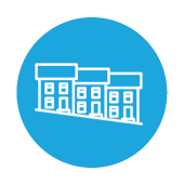 Outline of three minimalist houses on a blue background, representing urban living for Priority Plus Plumbing's services.